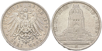 Саксония 3 марки 1913 E, 100 лет Битве народов, Фридрих Август III (1904-1918) KM 1275 серебро 1530-1213
