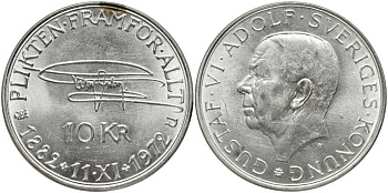 Швеция 10 крон 1972 U, 90 лет со дня рождения Густава VI Адольфа KM 847 серебро 180-635
