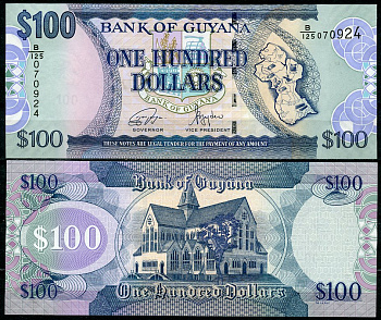Гайана 100 долларов ND (2022) карта Гайаны, собор Святого Георгия, водяной знак 100 Pick 36 e  бумага  UNC (пресс) 446-75-2
