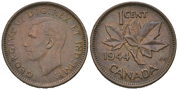 Канада 1 цент 1944 Георг VI (1936-1952) KM 32 бронза 4602-1263