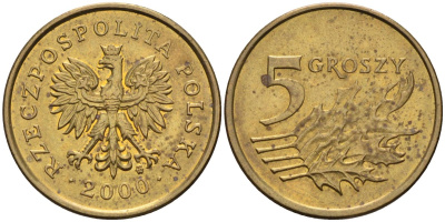 Польша 5 грошей 2000 MW KM 278, Parchimowicz 703g латунь 4580-554