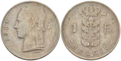 БЕЛЬГИЯ 1 ФРАНК 1961 BELGIE, БОДУЭН I (1951-1993) KM 143.1 медно-никель 202-1016