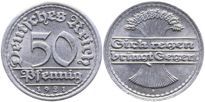 ГЕРМАНИЯ 50 ПФЕННИГОВ 1921 F KM 27, J. 301 алюминий 4385-1037