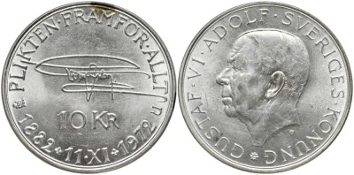 Швеция 10 крон 1972 U, 90 лет со дня рождения Густава VI Адольфа KM 847 серебро 180-635