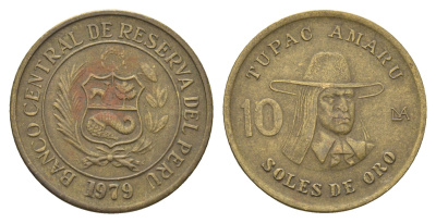 Перу 10 солей 1980 Тупак Амару II KM 272 латунь 4663-427
