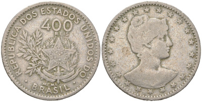 Бразилия 400 реалов 1901 MCMI, голова свободы вправо KM 505 медно-никель 4612-444
