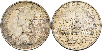 Италия 500 лир 1959 R, корабли Колумба, королева Изабелла KM 98 серебро 4593-1112