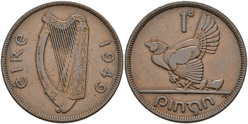 Ирландия 1 пенни 1949 курица с цыплятами KM 11 бронза 88-834