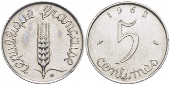 ФРАНЦИЯ 5 САНТИМОВ 1963 KM 927 хромированная сталь 112-566