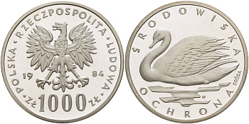 Польша 1000 злотых 1984 MW, серия охрана окружающей среды, лебедь, PROBA, тираж 5700 экземпляров KM Pr 509, Parchimowicz P.479a серебро PROOF 1085-2-15