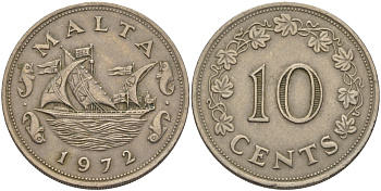 Мальта 10 центов 1972 баржа Великого магистра KM 11 медно-никель 82-334