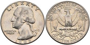 США 25 центов = квотер 1982 P, Вашингтон KM A164a медь плакированная медно-никелем 4584-1143