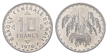 Мали 10 франков 1976 год-тип KM 11 алюминий UNC 4671-111