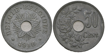 Бельгия 50 сантимов 1918 Альберт I (1909-1934) KM 83 цинк 4619-1052