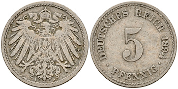 Германия 5 пфеннигов 1894 A J.12  KM 11 медно-никель    4598-1111
