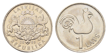 Латвия 1 лат 2005 Петух церкви Святого Петра KM 65 медно-никель UNC 4679-326