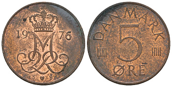 Дания 5 эре 1976 S; B, Маргрете II (1972- ) KM 859.1 железо плакированное медью 4609-1064