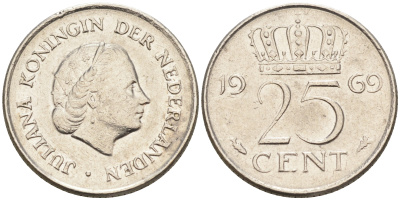 Нидерланды 25 центов 1969 Юлиана (1949-1980) KM 183 никель    4174-655