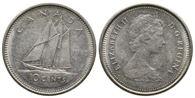 Канада 10 центов 1983 Елизавета II (1953- ), парусник KM 77.2 никель 220-432