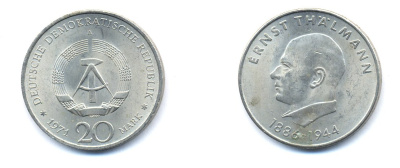 ГДР 20 марок 1971 A, 85 лет со дня рождения Эрнста Тельмана KM 34, J. 1535 медно-никель 3333-512