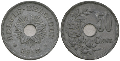 Бельгия 50 сантимов 1918 Альберт I (1909-1934) KM 83 цинк 4619-1052