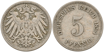Германия 5 пфеннигов 1894 A J.12  KM 11 медно-никель    4598-1111