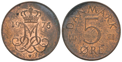 Дания 5 эре 1976 S; B, Маргрете II (1972- ) KM 859.1 железо плакированное медью 4609-1064