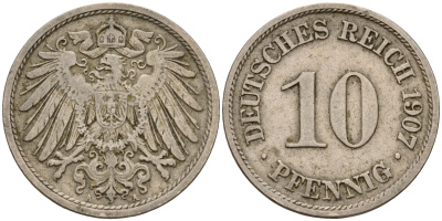 Германия 10 пфеннигов 1907 A J. 13,  KM 12 медно-никель    4603-657