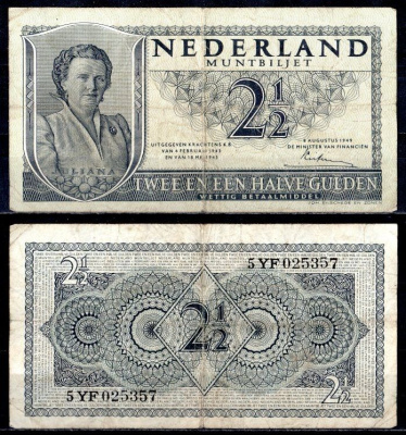 Нидерланды 2 1/2 гульдена 1945 Pick 73 бумага 7457-14-3-2