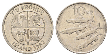 Исландия 10 крон 1987 рыбы KM 29.1 медно-никель 4691-232