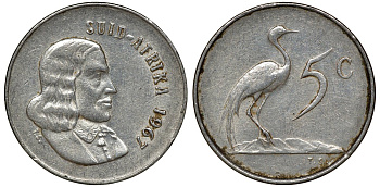 ЮАР 5 ЦЕНТОВ 1967 SUID, ЯН ВАН РИБЕК (1619-1677), ГОЛАНДСКИЙ ИССЛЕДОВАТЕЛЬ , МОРЕПЛАВАТЕЛЬ, ОСНОВАТЕЛЬ Г. КЕЙПТАУНА, РАЙСКИЙ ЖУРАВЛЬ KM 67.2 никель 72-1046