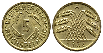 ГЕРМАНИЯ 5 РЕЙХСПФЕННИГОВ 1936 A, KM 39, J. 316 алюминиевая бронза 4380-1029