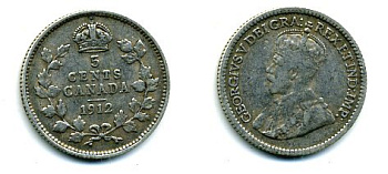 КАНАДА 5 ЦЕНТОВ 1912 ГЕОРГ V серебро 46-535