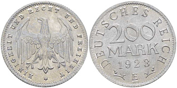ГЕРМАНИЯ 200 МАРОК 1923 E KM 35, J. 304, Weege 22 алюминий 210-514