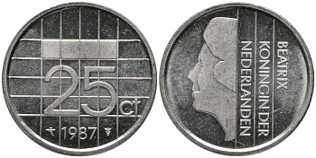 НИДЕРЛАНДЫ 25 ЦЕНТОВ 1987 БЕАТРИКС KM 204 никель 112-748