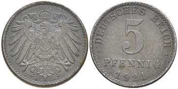 Германия 5 пфеннигов 1921 A KM 19, J. 297, Weege 5 железо 206-737