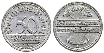 Германия 50 пфеннигов 1921 A KM 27, J.301, Weege 10 алюминий 4380-824