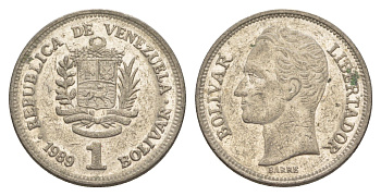 Венесуэла 1 боливар 1989 Симон Боливар, тонкий шрифт Y 52a.1 сталь плакированная никелем 4591-347