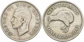 Новая Зеландия 1 флорин 1947 Георг VI (1937-1952), птичка киви KM 10.2а медно-никель 3457-131