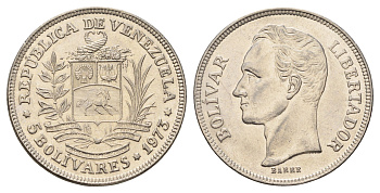 Венесуэла 5 боливаров 1973 Симон Боливар, год-тип Y 44 никель aUNC 4672-121