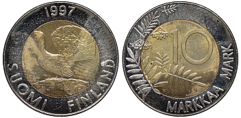 ФИНЛЯНДИЯ 10 МАРОК 1997 ГЛУХАРЬ KM 77 биметалл UNC 3334-843
