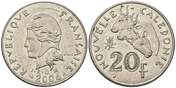 Французская Новая Каледония 20 франков 2004 три быка, (IEOM) KM 12, Schoen 14, Lec 15h никель 4131-724