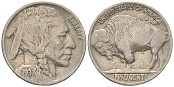 США 5 центов 1937 индеец, бизон KM 134 медно-никель 4602-227