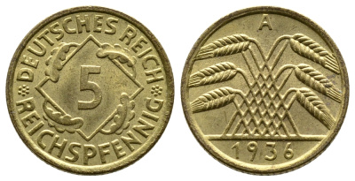 ГЕРМАНИЯ 5 РЕЙХСПФЕННИГОВ 1936 A, KM 39, J. 316 алюминиевая бронза 4380-1029