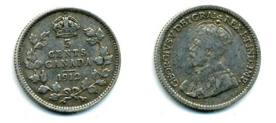 КАНАДА 5 ЦЕНТОВ 1912 ГЕОРГ V серебро 46-535