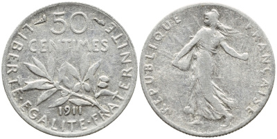 ФРАНЦИЯ 50 САНТИМОВ 1911 ТИП СЕЯТЕЛЬ KM 854, LE FRANC 190.18 серебро F 4178-318