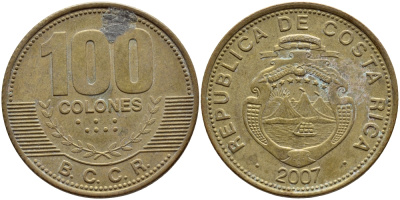 КОСТА-РИКА 100 КОЛОН 2007 B.C.C.R. KM 240а сталь плакированная латунью 59-536