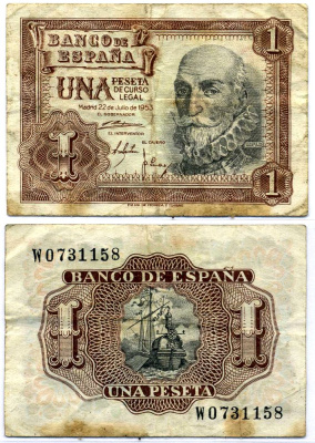 Испания 1 песета 1953 22 июля 1953, Мигель де Санта Круз Pick 144а бумага 8564-11-3-2