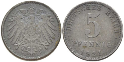 Германия 5 пфеннигов 1921 A KM 19, J. 297, Weege 5 железо 206-737