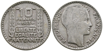 Франция 10 франков 1933 Пьер Тюрен KM 878, Le Franc 360.6 серебро 63-752